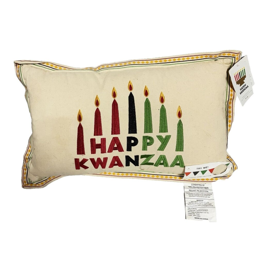 Happy Kwanza Light Up Decorative Cream Pillow Rectangle 19x11”